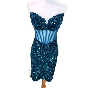 Alyce Paris Strapless Emerald Green Teal Velvet Corset Dress Side Slit HOCO Sz 2